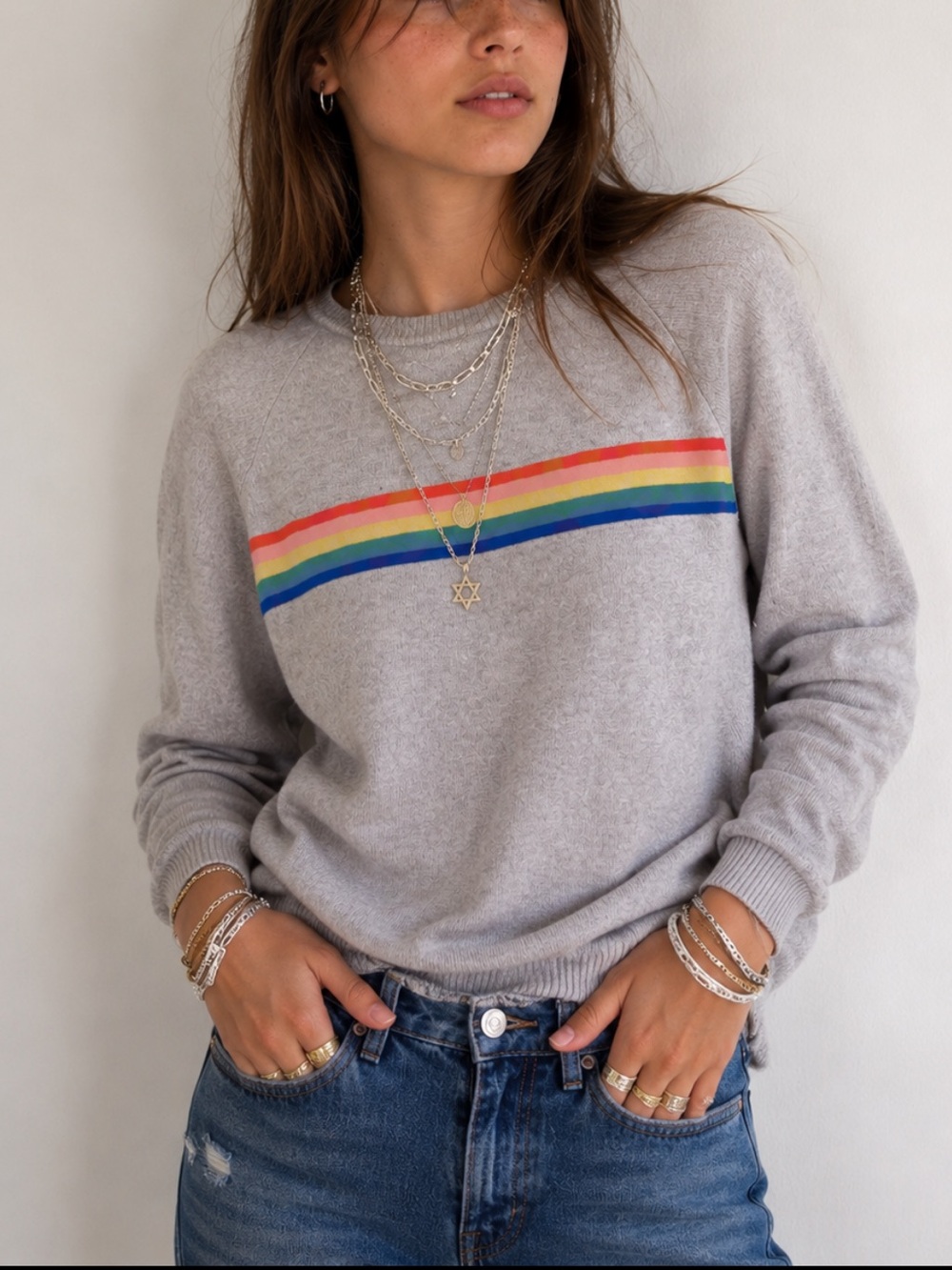 LNA Grey Rainbow Stripe Sweatshirt